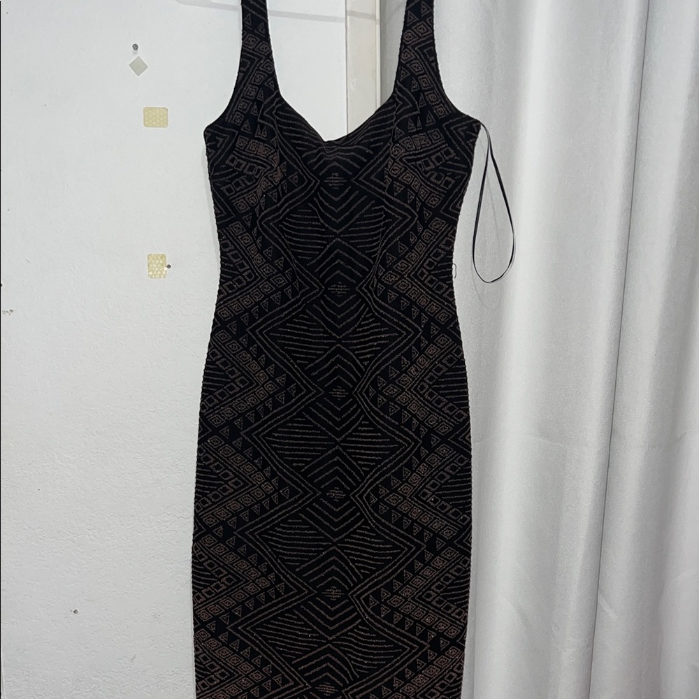 Nicole Miller Black and Gold Patterned Midi Dress